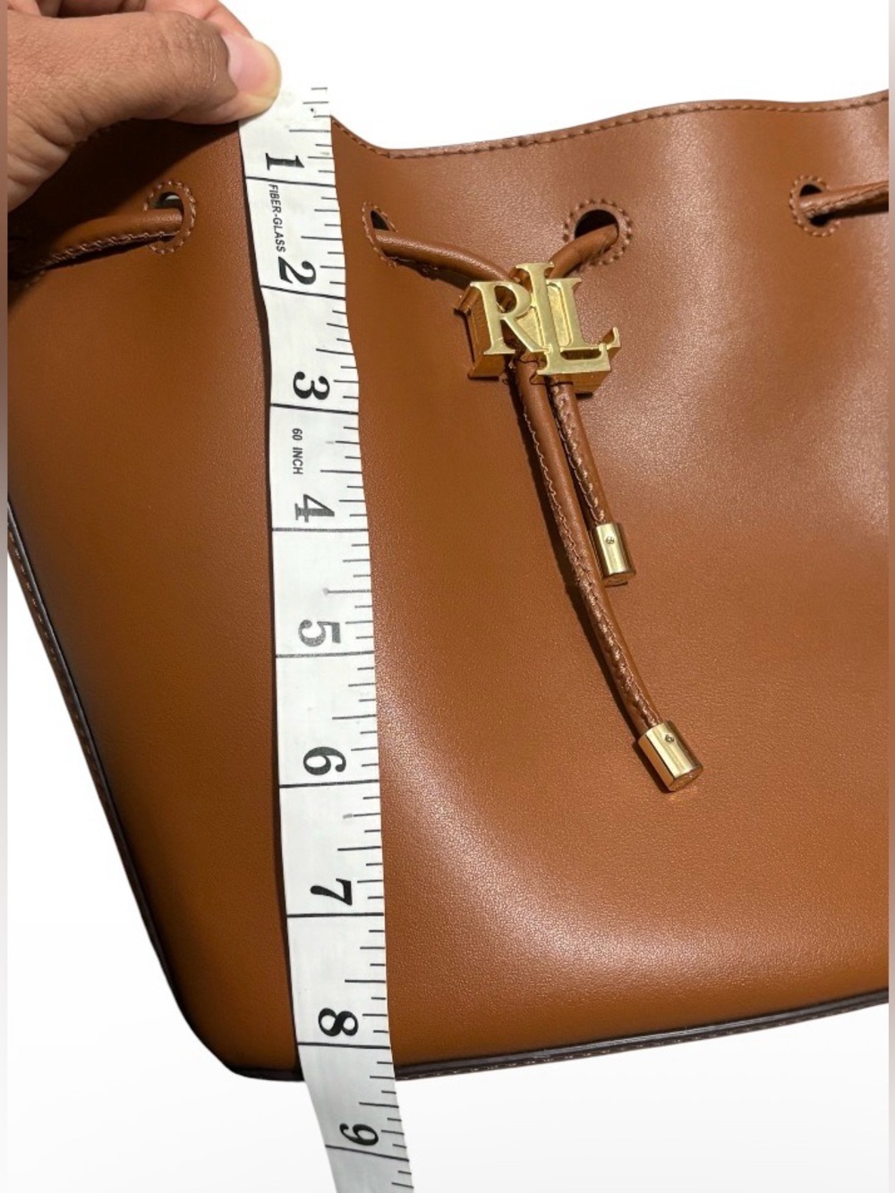 Lauren Ralph Lauren Brown Small Bucket Drawstring Magnetic Bag Gold Logo Strap - Picture 7 of 8